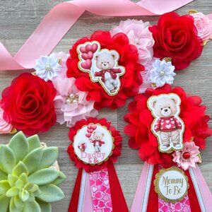 Boy Valentine Baby Shower, Maternity Sash, Mom To Be Pin, Dad To Be Pin